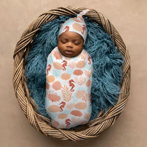 Image of Tropical Pattern Corals Sea Horse Newborn Swaddle Blankets Hat Sets Soft Baby Receiving Blanket Swaddle Sack for Baby Shower Infant Boy Girl Gift