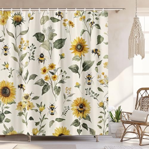 Rustic Boho Sunflowers Bee Shower Curtain Vintage Chic Country Floral Botanical Floral Plant Farmhouse Cottagecore Aesthetic Shower Curtain Set with Hook Beige Yellow Bath Curtain 72X72 Inch