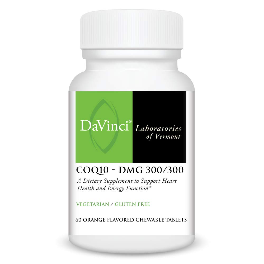 DAVINCI Labs CoQ10 - DMG 300/300 - Supports Heart Health and Energy Function* - Dietary Supplement with Coenzyme Q10 & Vitamin E - Vegetarian - Gluten-Free - 60 Orange Flavored Chewable Tablets