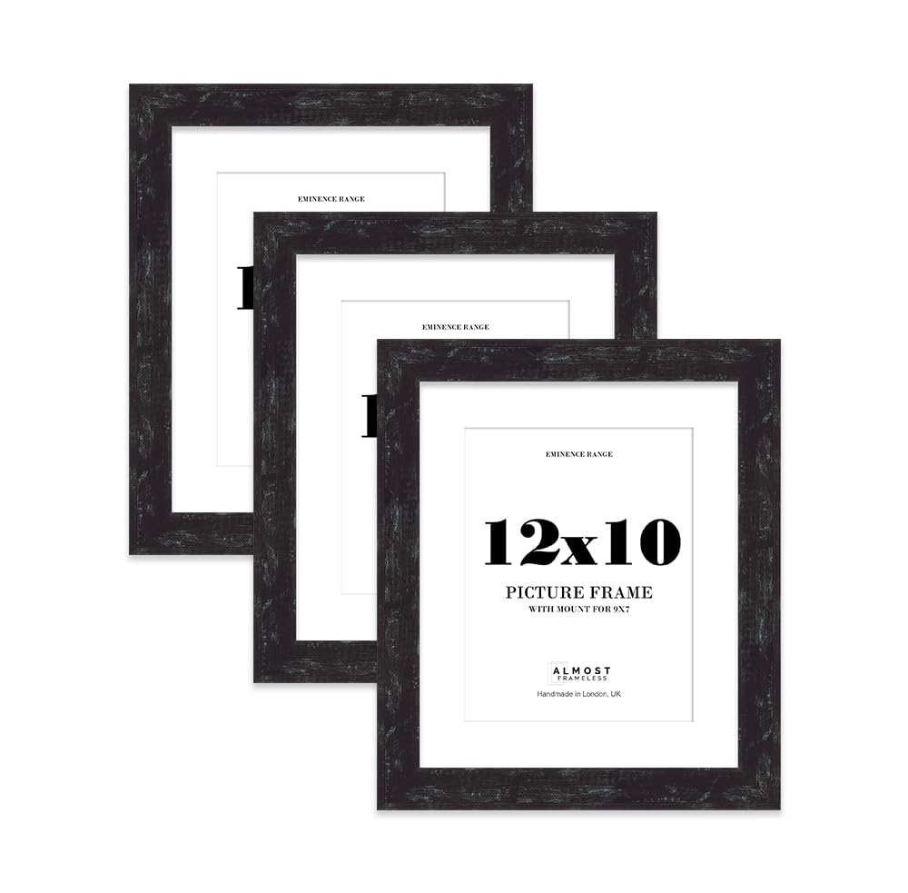 12x10" Distressed Black Picture Frame with 9x7" Mount - Barnwood Photo Frame with Distressed Finish, Wall Hooks and Kickstand, 32mm Edge - 3 Pack