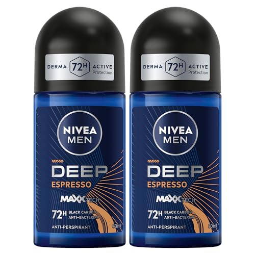 NIVEA MEN Antiperspirant Roll-on for Men DEEP Black Carbon Antibacterial Espresso Scent 2x50ml