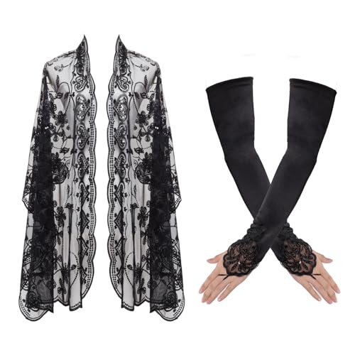 1920s Glittering Women's Shawls Sequin Mesh Scarf Cape Sparkly Sheer Fringed Wraps Shawl 20s Gloves for Evening Wedding Party