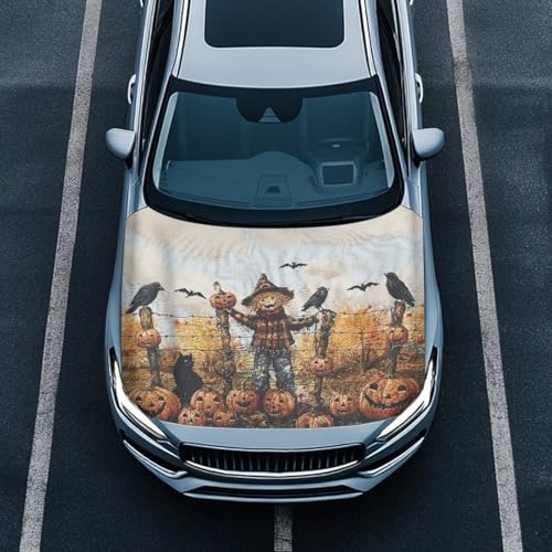 Image of Pumpkin Head Bat Car Hood Cover All Weather Protection Auto Exterior Accessories Decor for Halloween Universal Fit Hood Covers for Cars, Trucks, SUV, or Van Full Coverage