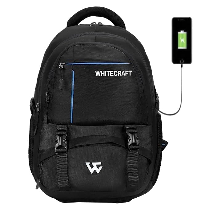 WHITECRAFT Polyester 45L Water Resistant Backpack|upto 12-17 Inch Laptop Backpack |Stylish & Trendy College/Office/School Backpack with Multiple Pockets Bag for Men & Women - Black (B0CJC221QW) Amazon Price History, Amazon Price Tracker