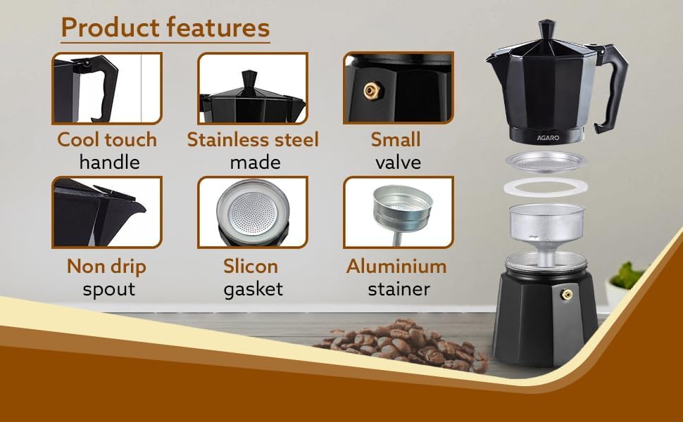 Image of Matte Black Aluminium Stovetop Espresso Maker Moka Pot Classic Italian Style Coffee Percolator with Safety Valve & Heat Resistant Handle, Durable Mokka Coffee Maker for Gas & Electric Stove