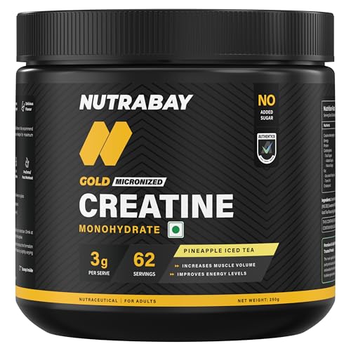 Image of Nutrabay Gold Micronised Creatine Monohydrate Powder 3000 mg Creatine per Serving, NABL Lab Tested - Increases Muscle Mass, Strength & Power - Pre /Post Workout Supplement - 250g, Pineapple
