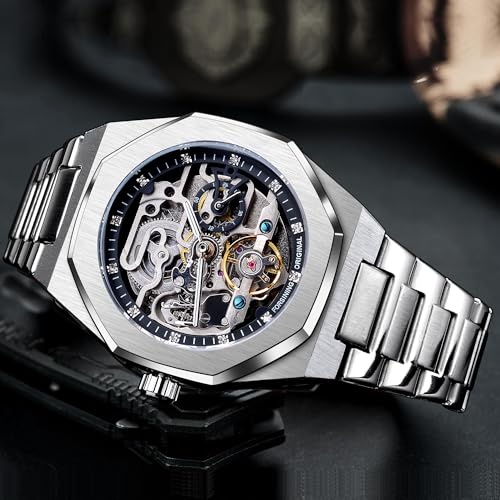 Image of FORSINING Vintage Watch for Men Engraved Automatic Self-Wind Mechanical Big Dial Luminous Moon Phase Golden Hollow Tattoo Pattern Wrist Watches, Mechanical