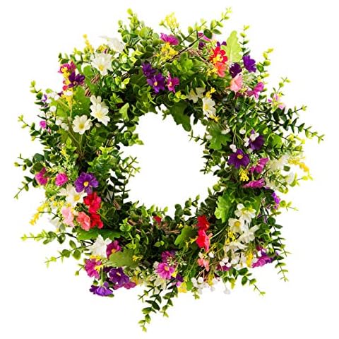 HooAMI 18Inch Door Wreath, Spring Summer Flower Wreath Decoration for Front Door, Home, Window, Wall, Wedding, Party Decoration Cover