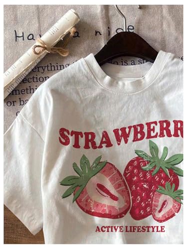 Women's Cherry Print Tee Shirt Short Sleeve Crew Neck Drop Shoulder Vintage Tee Tops3