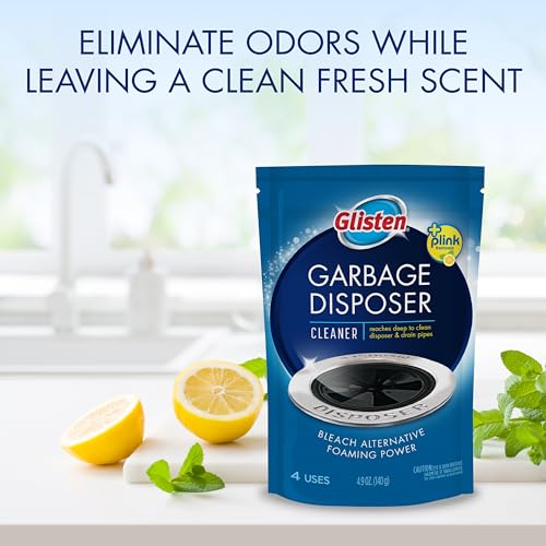 Glisten Garbage Disposer Cleaner and Freshener, Sink Disposal Odor Eliminator with Foaming Action, Lemon Scent, Made in the USA, 4 Packets