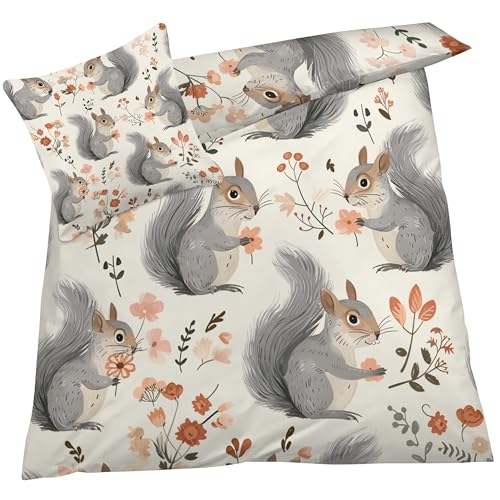 YELDAN Eichhörnchen Bettwäsche 135x200 2 teilig, Blume Tiere Bettwäsche Sets, Weich & Warm Mikrofaser Raumdekoration Bettbezug und 1 Kissenbezug 80x80 mit Umschlag, Für Kinder und Erwachsene.