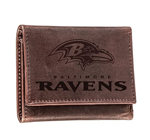 Team Sports America NFL Baltimore Ravens Brown Wallet | Tri-Fold | Officially Licensed Stamped Logo | Made of Leather | Money and Card Organizer | Gift Box Included