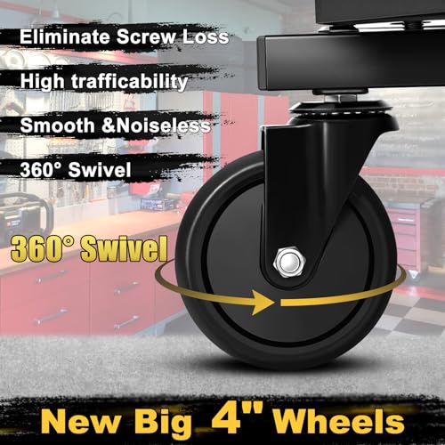 Image of Rolling Stool with Wheels, Adjustable Height Pneumatic Garage Work Mechanic Stool Seat with Backrest, 400 LBS Capacity 360 Swivel Mechanic Crepper Chair with Tool Tray Storage, Yellow
