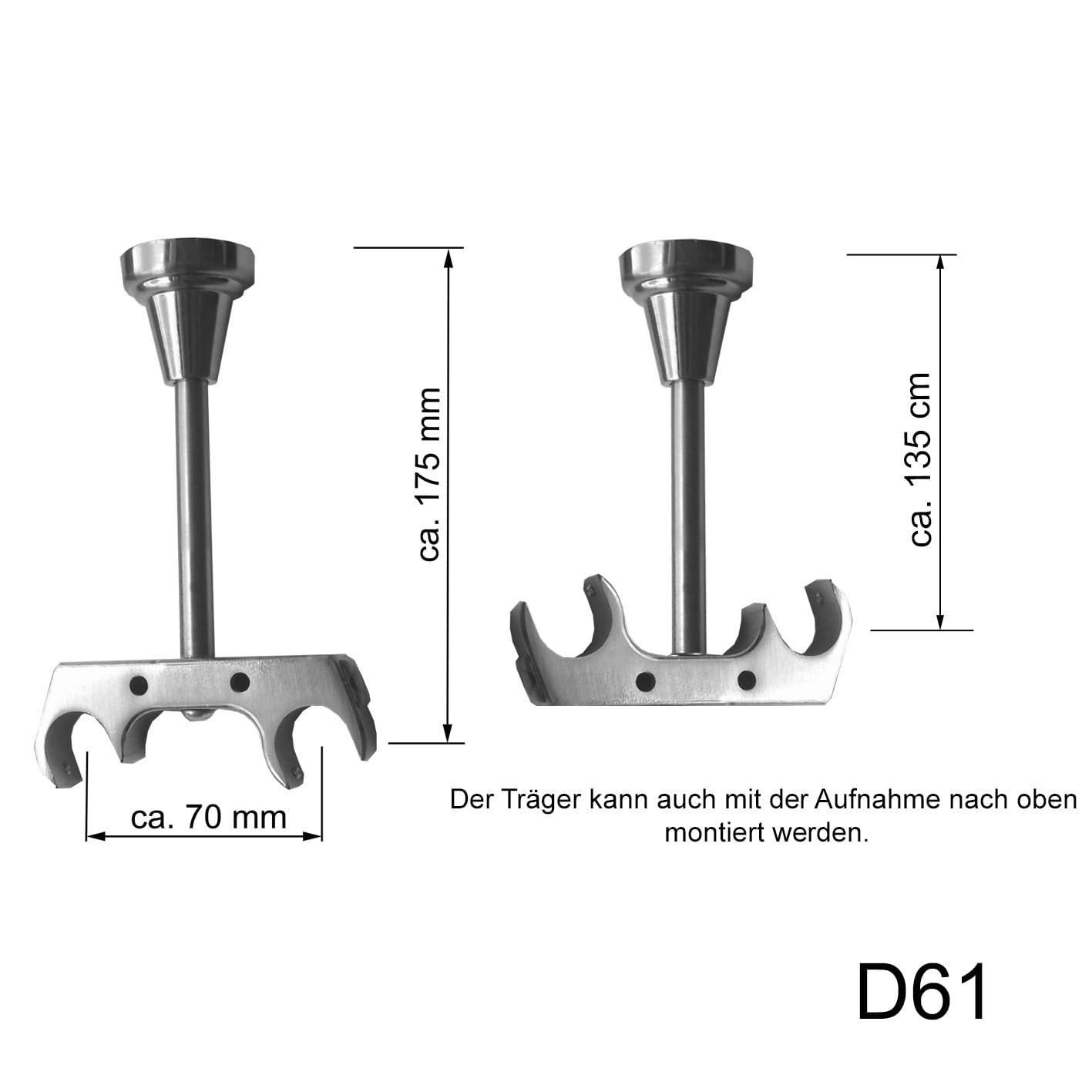 BASIT Gardinenstange Innenlauf Edelstahllook 20mm 2-läufig Decke 320cm D61 | Gardinenstangenset doppelläufig Deckenmontage Metall Vorhangstange Deckenhalterung 120-600cm wählbar Kappe mit Kristall E80