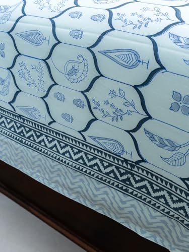 Image of Neelam Premium Hand Block Printed Bedsheet | Bed Spread Flatsheet Bed Sheet | Pure Cotton | Double Bed Queen Size 90 inchx108 inch | 300 TC Long Staple Cotton | 2 Pillow Covers | Blue Print