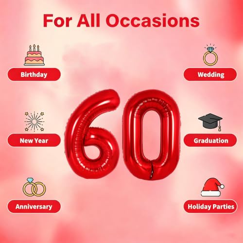 Image of Number Balloons Red Party Balloon - 40 Inch Large Number 60 Balloon, Numbers Balloon Birthday Decorations, Red Party Supplies for Anniversary