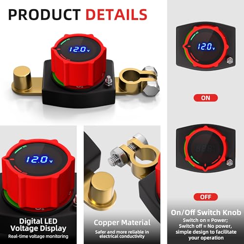 Image of Joinfworld Top Post Battery Disconnect Switch 12V-48V with Led Voltmeter, DC 5-60V Battery Kill Switch Negative On /Off Battery Cut Off Switch for Marine, Cars, Vehicles, RVs and Boats