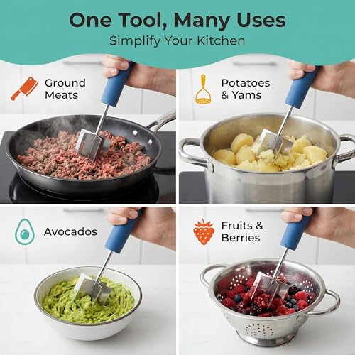 Stainless Steel Meat Chopper & Masher | 6-Blade Ground Beef Chopper Tool | Hamburger Smasher | Oversized Ergonomic Handle | Soft Grip | Dishwasher Safe - 9" (Zippy Green) by Xidgets - Image 2