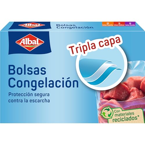 Albal Bolsas Congelación Surtida 1, 3 y 8 Litros, Fabricadas con 70% de Materiales Reciclados, Triple Capa. Resistentes, Reutilizables, Reciclables, 45 Bolsas. Libres de BPA