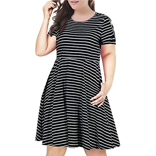 Stripe Printed Dress,Kingwo Women Girls Plus Size High Waist Midi Dress O-Neck Short Sleeve Large Size Cold Shoulder Knee-Length Dress UK Size 18~26 Black