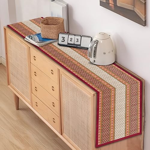 Image of Table Runner for 6 Seater Dining Table Centre Table 60 inch Handmade Reversible Heat Resistant | Korai River Grass Zero Plastic Madurkathi Eco Friendly | Rustic Boho | Maroon White Runner