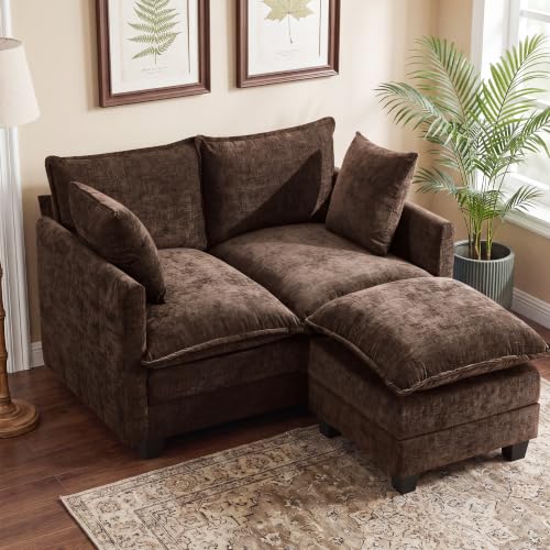 Image of 50 inch Love Seat with Ottoman, Small L Shape Cloud Sofa Couch, 2-Layer Cushion & 27 inch Deep Seat, 2 Pillows for Small Spaces, Bedroom, Apartment, Office, Living Room, Brown