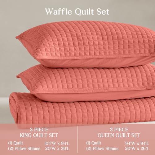 Image of Wonderful 3 Piece Waffle Weave Quilt Set King Size, Coral Lightweight Bedspread Coverlet for All Season, Ultra Soft Microfiber Bedding Set with 2 Pillow Shams, Waffle Pattern Quilted Design 104 inchx94 inch