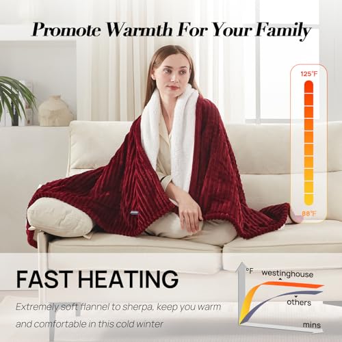 Westinghouse Heated Throw Blanket, Soft Flannel Sherpa Electric Blanket with 6 Heating Levels & 2-10 Hours Auto Shut Off, Fast Heating & ETL Certification, 50x60 Inch, Red