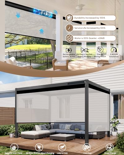 Image of Kincmo Motorized Outdoor Shades for Patio Porch, Custom Outdoor Motorized Blinds with Remote, Waterproof & Windproof Patio Shades Work with Apple Home,Alexa,Google (White-3% Openness)