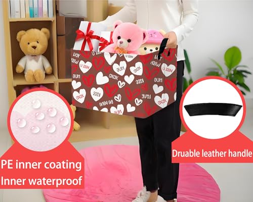 Image of Large Valentine's Day Basket Heart Shaped Storage Bin for Gifts Collapsible Organizer Room Decor (Brown Bottom White Red Love)