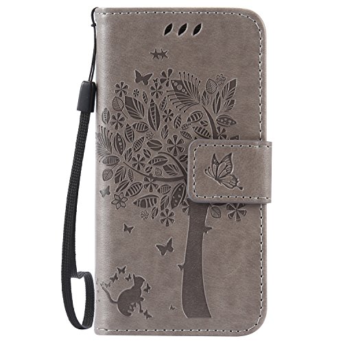 Sleep bear)Funda para Samsung Galaxy S4 Mini, Portátil Animal Y Gato Y Arbol Cuero De PU Portamonedas Caja del Telefono Movil Cubierta/Carcasa+Stylus Gris