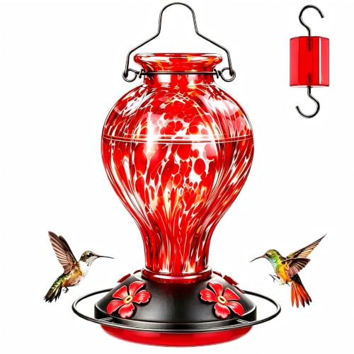 Tegarbed Hand Blown Glass Hummingbird Feeders for Outdoors Hanging 24oz Wild Bird Nectar Feeder with Ant Moat and Perch Bee-Resistant Ports Garden Decor Gifts for Women Mom 1 Pack Red Polka Dots