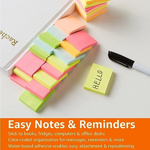 Amazon Basics Mini Rectangular Sticky Notes, 3.81 x 5.08 cm, Bright Colors Self-Stick Pads, Easy to Post for Home, Office, Notebook, 70 Sheets/Pad, Pack of 24 image 3