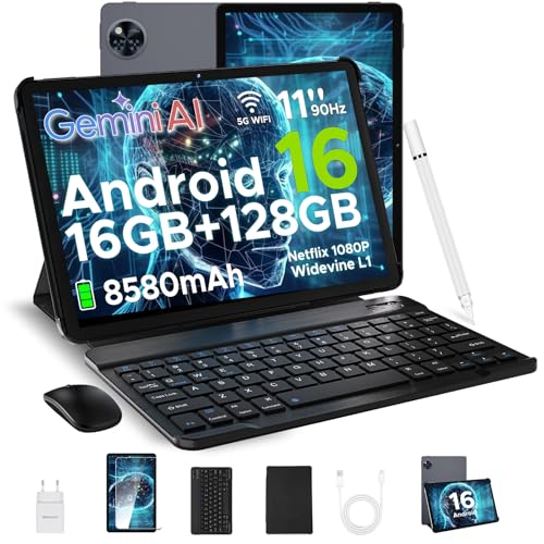 DOOGEE U11 Android 16 AI Tablet 11 Zoll, 16GB+128GB (2TB TF) Gaming Tablets, T7200 Octa Core, 8580mAh, Gemini AI, WiFi 5, 90Hz Display, 13MP+5MP,Tablet mit Tastatur, Maus, Stift,Hülle und Schutzfolie