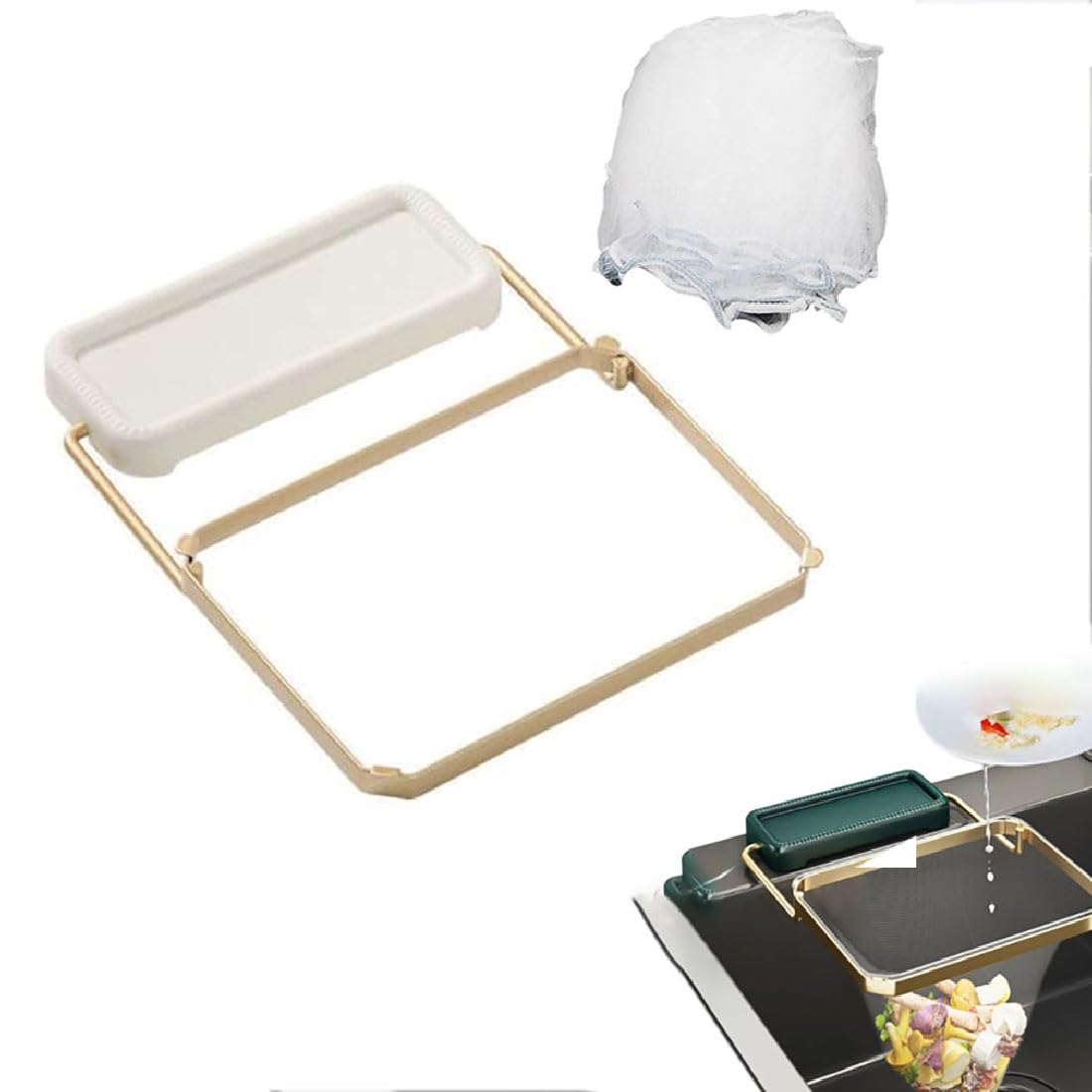 Meshmate Waste Rack Sink, Kitchen Sink Strainer, Sink Drain Strainer Holder, Reusable Sink Filter Rack, Sink Strainer Foldable Food Catcher for Kitchen Sink with 100pcs Filter Mesh Bags (White)