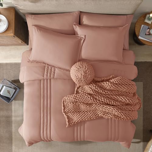 Image of Monbix Full Size Comforter Sets - 7 Pieces Clay Pink Bed in a Bag Full Size Bedding Sets with Comforters, All Seasons Comforter with Sheets, Pillowcases & Shams