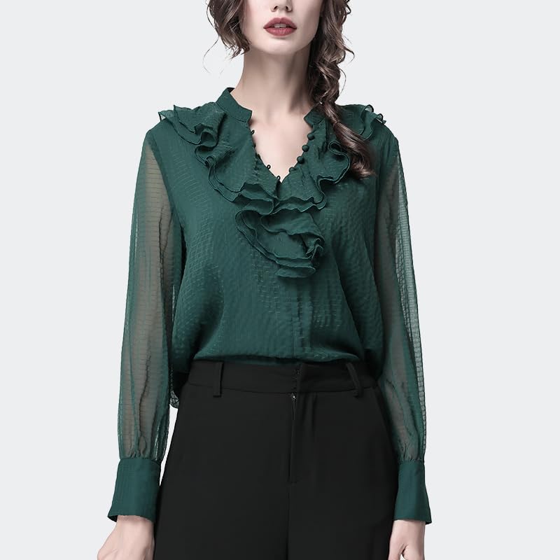 Blusa de Gasa de Manga Larga con Volantes para Mujer, Cuello en V, Color sólido, Cintura Holgada, Camisa Informal de Talla grande Recta para Primavera (En8 XL)