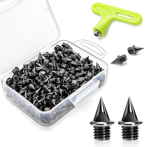 Nagpew 240 Pieces 1/4 Track Spikes, Black Steel Pyramid Spikes with Wrench, Storage Box, Cross Country Spike Replacement for Track, Running, Sprint, Climbing, Sport, Golf Shoes