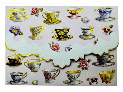 Image of Poster Foundry Set of 3 - Teacup Boxed Note Cards by Carol Wilson Tea Cup Notecards 10 embossed 4x5 Die-Cut Matching Envelopes in Decorative Gift Box with Magnetic Flap. NCP2049