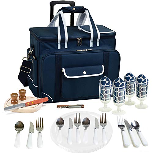 Picnic at Ascot Personalized Monogrammed Insulated Picnic Cooler on Wheels with Service for 4- Designed & Assembled in The USA