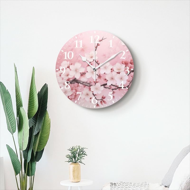 Battery Operated Round Wall Clock Non-Ticking Silent Analog Clcok Decorative for Living Room,Office,Kitchen-Delicate Beauty of Sakura in Dreamy Display(14inch)
