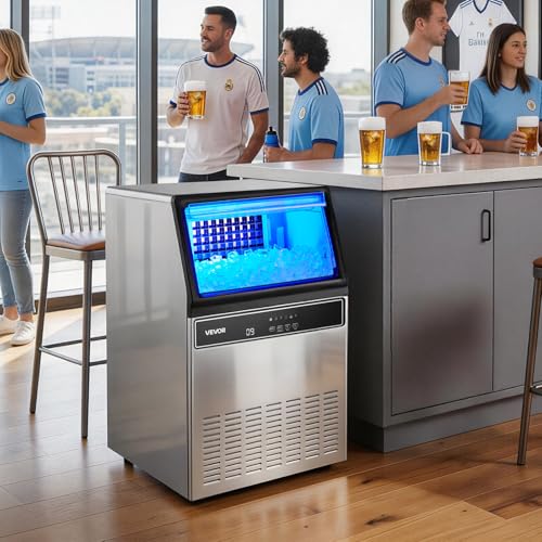 Image of VEVOR Commercial Ice Maker Machine, 120 lbs /24H Ice Production, 19-33 lbs Storage Bin, 45 Cubes per Cycle, Stainless Steel Under Counter & Freestanding Ice Maker with LED Display, Self-Cleaning