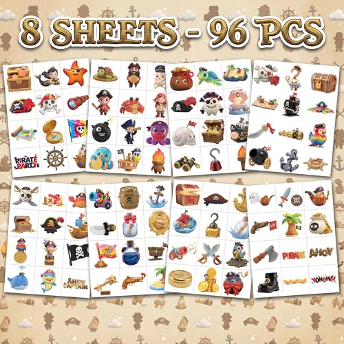 Image of 96 PCS Pre-cut Pirate Temporary Tattoos for Kid, 8 Sheets 3D Kawaii Cartoon | Pirate Party Favors, Waterproof Fake Tattoos Stickers for Boys Girls Goodie Bag Fillers, Treasure Birthday Decorations