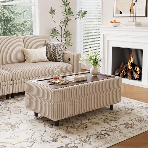 Image of LINSY HOME Storage Ottoman Bench, 40 inch Convertible Coffee Table Plush Corduroy Foot Rest Ottoman for Living Room, Bedroom, Guest Room, Entryway, Beige
