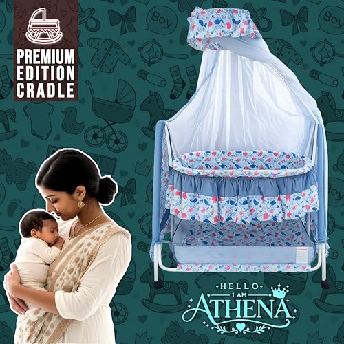 Image of Kiddery Athena Baby Cradle Bassinet | Sleep Safely & Comfortably | Mosquito Net Protection | Lightweight & Compact Design | All-Wheel Lock | Unisex | 0-10 Months | Blue