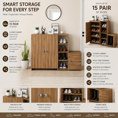Image of FURNEASER Fusia Shoe Rack Cabinet Wooden | Shoe Storage Organizer with Doors | Shoe Stand for Home Entryway | Footwear Rack Cupboard | Space Saving Shoe Cabinet (Exotic Teak)