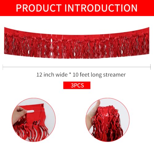 Image of BEISHIDA 3 Pack Red Wavy Foil Fringe Garland 30ft Tinsel Wall Decor