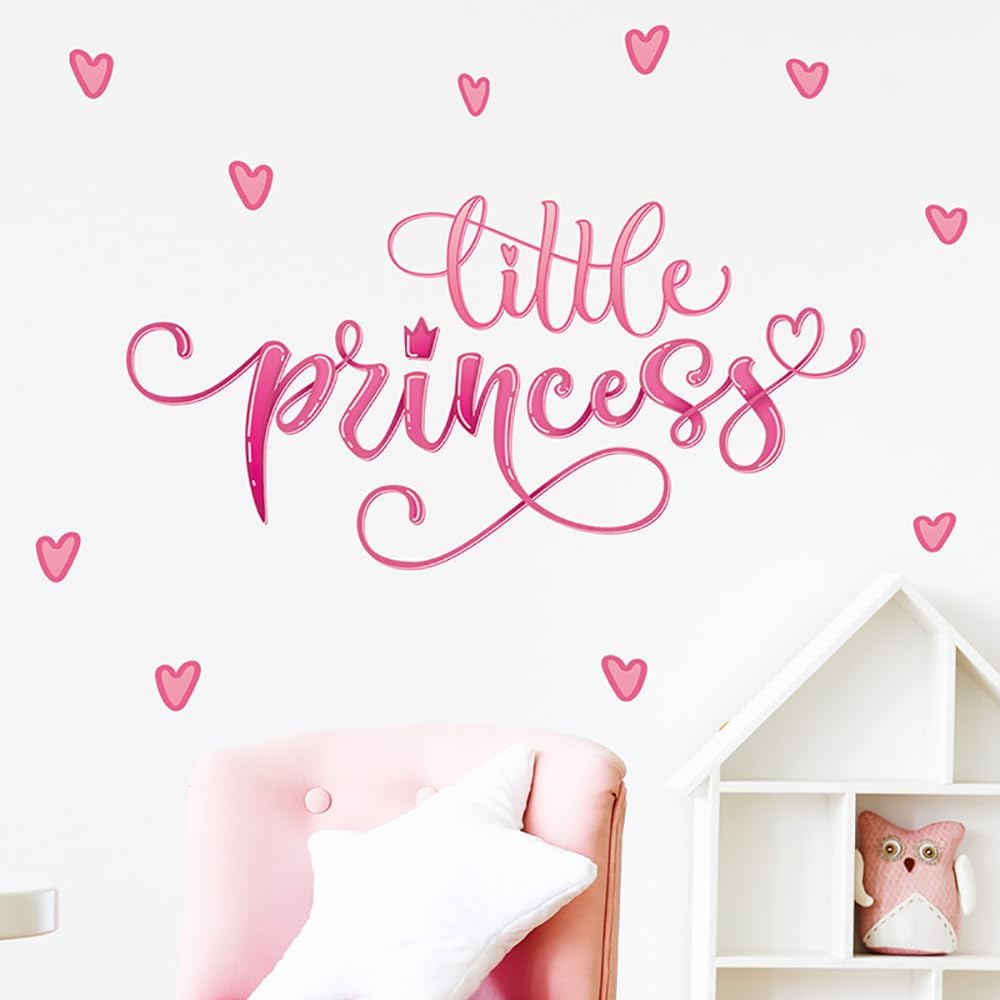Pink Heart Little Princess Wall Sticker for Bedroom Living Room Girls Room Background Wall Decor Baby Nursery Kids Room Playroom Wall Decals Home Decorative Sticker Office Wallpaper
