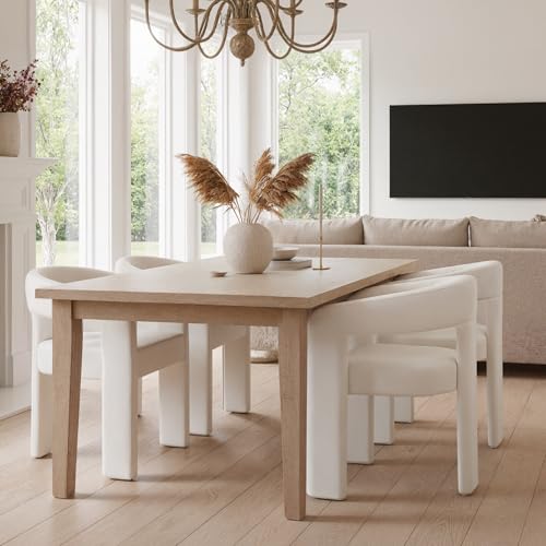Image of HNY Modern Barrel Kitchen & Dining Room Chairs Set of 4, PU Leather Upholstered Accent Chairs with Arm, 18.5'' Wide Side Armchairs Vanity Chairs for Living Room Bedroom Makeup Small Spaces, White