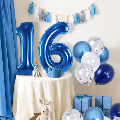 Image of 16 Balloon Number Blue, Big Number 16 Balloon Pastel Navy Dark Blue with Metallic Silver Confetti Balloon for Boys 16th Birthday, Foil 40'' Self Inflating Balloon 16 for Anniversary Party Decorations